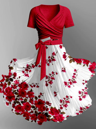Red Floral Print Vintage V-Neck Short Sleeve Two-Piece Midi Dress
