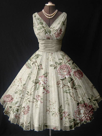 Floral Print V-Neck Vintage Elegant Sleeveless Multilayer Midi Dress