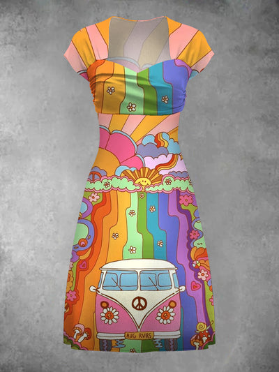 Vintage Hippie Art Print Chic Short Sleeve Mini Dress