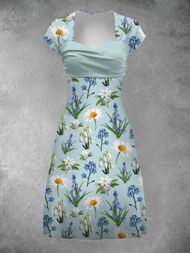 Vintage Floral Art Print V Elegant and Chic Short Sleeve Mini Dress