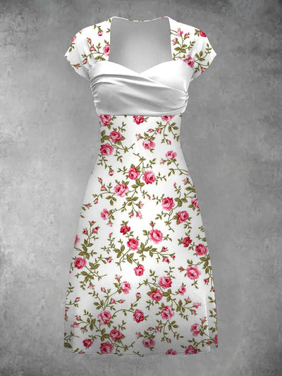 Vintage Floral Art Print V Elegant and Chic Short Sleeve Mini Dress