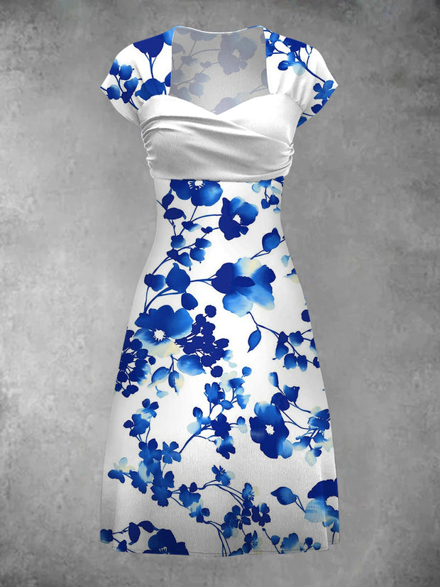 Blue Floral Art Print Vintage Elegant Chic Short Sleeve Mini Dress