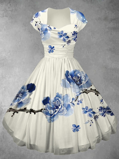 Retro Floral Print V-Neck Elegant Short Sleeve Mulitilayer Midi Dress