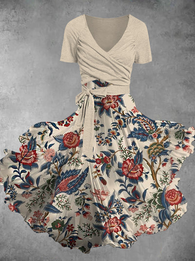 Vintage Floral Print V-Neck Short Sleeve Two-Piece Midi Dress