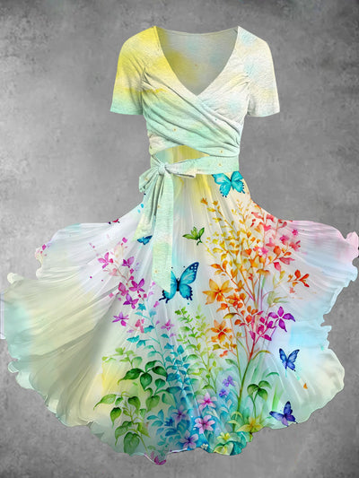 Gradient Butterfly Print Vintage V-Neck Short Sleeve Two-Piece Midi Dress
