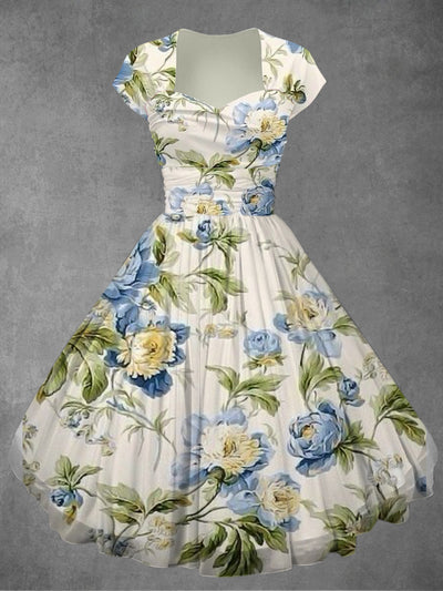 Retro Floral Print V-Neck Elegant Chic Short Sleeve Midi Dress