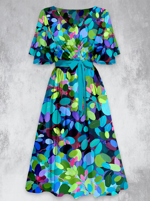 Colorful Leaf Print V-Neck Vintage Chic Short Sleeve Midi Dress