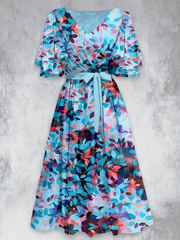 Colorful Leaf Print V-Neck Vintage Chic Short Sleeve Midi Dress