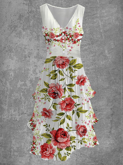 Floral Art Print Sleeveless V-Neck Button Up Retro Midi Dress