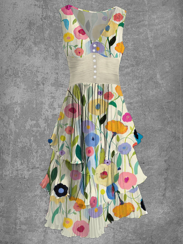 Floral Art Print Sleeveless V-Neck Button Up Retro Midi Dress