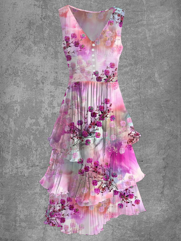 Floral Art Print Sleeveless V-Neck Button Up Retro Midi Dress