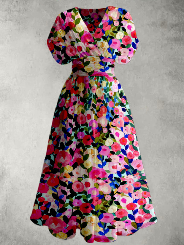 Floral Print Retro V-Neck Chic Short Sleeve Maxi Dress