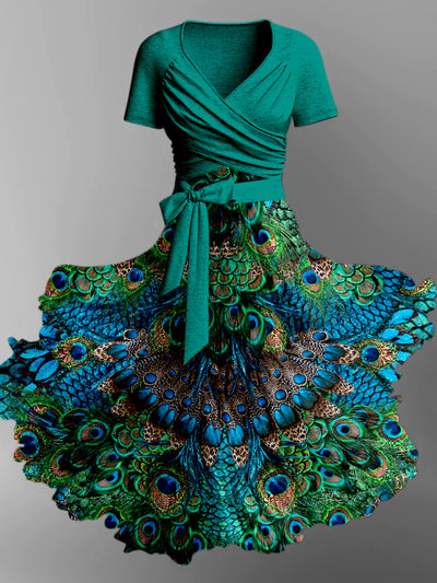 Retro Peacock Feather Print V-Neck Short Sleeve Two-Piece Midi Dress