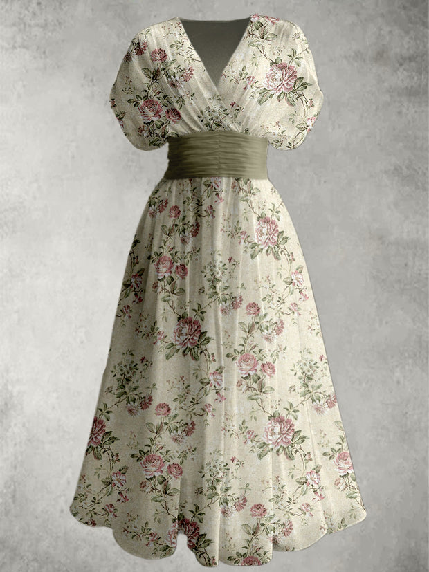 Retro Floral Print V-Neck Chic Short Sleeve Maxi Dress