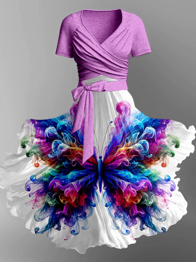 Butterfly Print Vintage V-Neck Short Sleeve Two-Piece Midi Dress