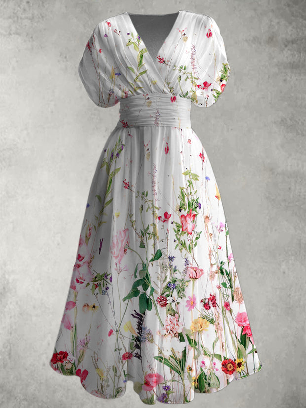 Retro Floral Print V-Neck Chic Short Sleeve Maxi Dress
