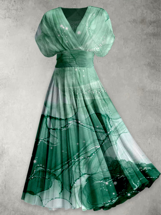 Retro Artistic Color Printed Elegant V-Neck Chic Chiffon Short Sleeve Maxi Dress