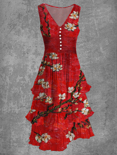 Red Floral Print Sleeveless V-Neck Button Up Retro Midi Dress