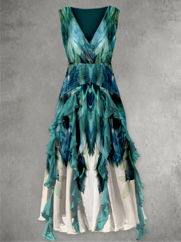Retro Peacock Feather Print V-Neck Chic Sleeveless Maxi Dress