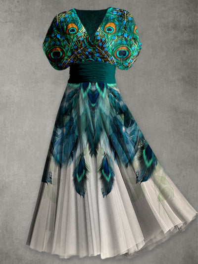 Peacock Feather Print Elegant V-Neck Chic Short Sleeve Maxi Dress