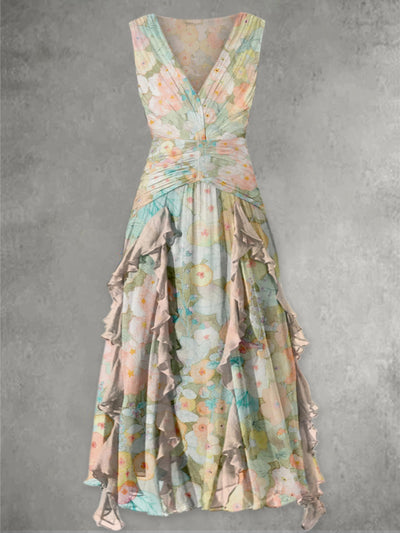 Retro Boho Floral Print V-Neck Chic Sleeveless Maxi Dress