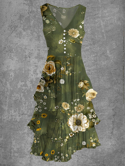 Floral Print Sleeveless V Neck Button Up Retro Midi Dress