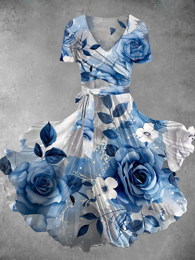 Retro Floral Print V-Neck Short Sleeve Two-Piece Midi Dress