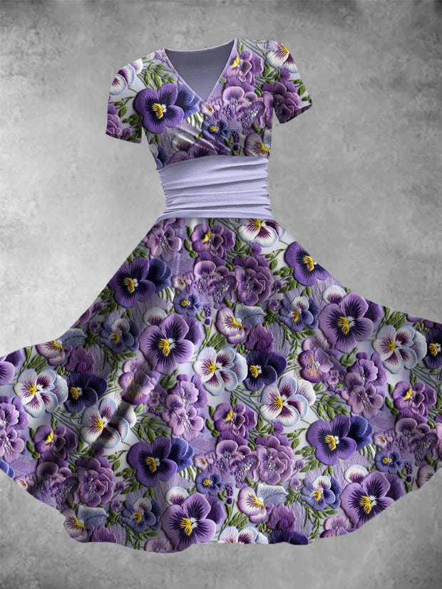 Vintage Floral Print V-Neck Elegant Chic Loose Short Sleeve Midi Dress