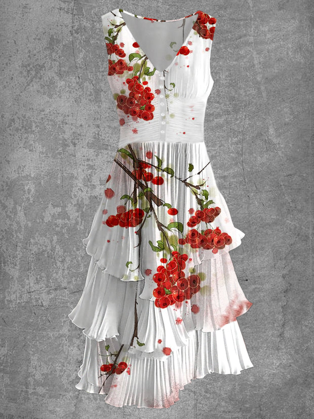 Cherry Print Sleeveless V-Neck Button Up Retro Midi Dress