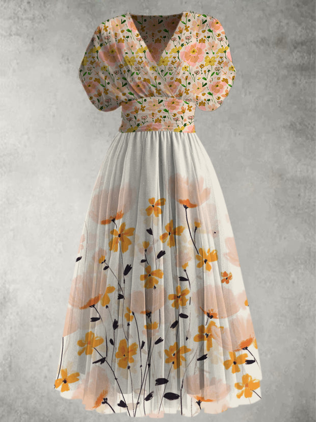 Retro Boho Floral Print Elegant V-Neck Chic Short Sleeve Maxi Dress
