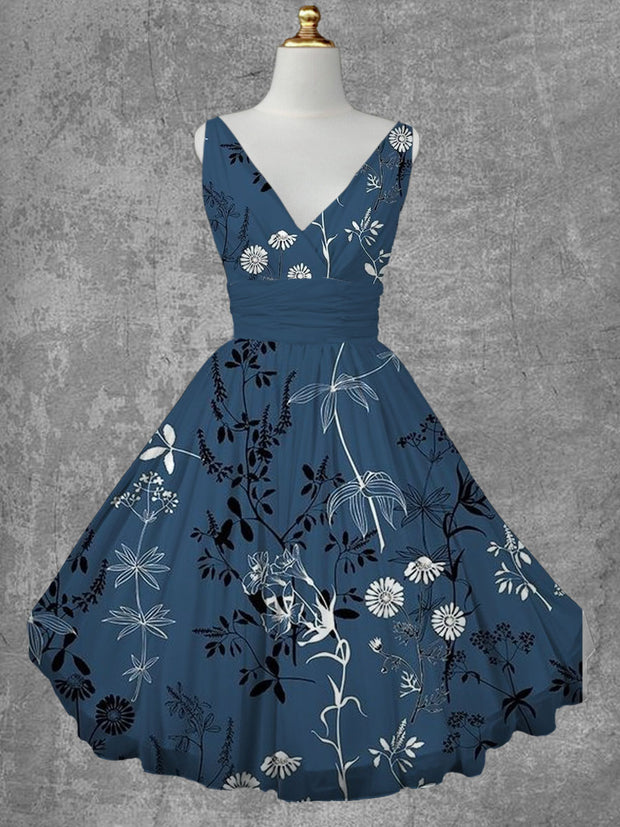 Floral Print V-Neck Vintage Fashion Sleeveless Midi Dress