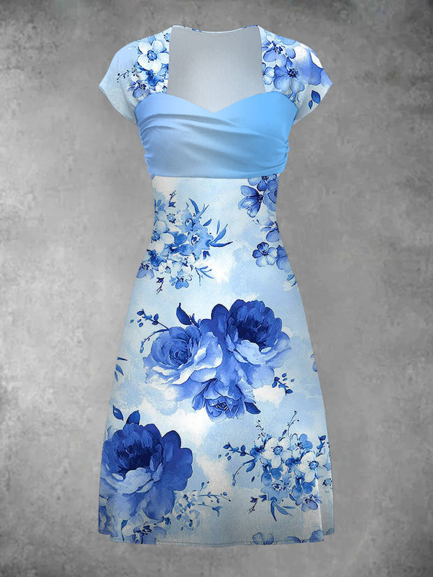 Floral Print Elegant Vintage Short Sleeve Mini Dress