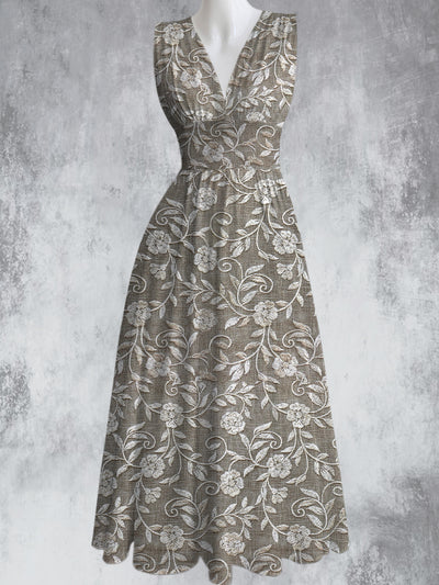 Retro Boho Floral Art Printed Elegant V-Neck Chic Sleeveless Maxi Dress