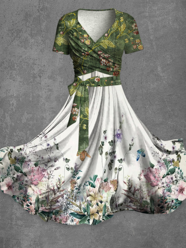 Retro Boho Floral Art Printed Vintage Cross Fold Short Sleeve Two-Piece Midi Dress