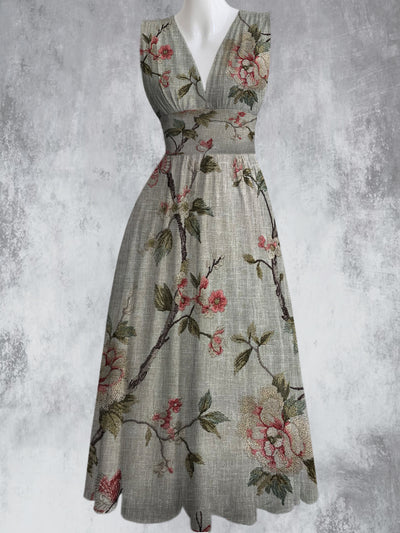 Retro Boho Floral Art Printed Elegant V-Neck Chic Sleeveless Maxi Dress