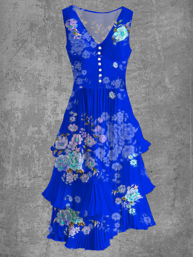 Floral Print Sleeveless V-Neck Button Up Retro Midi Dress