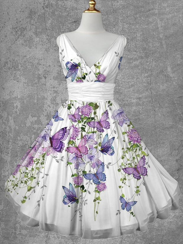 Butterfly Floral Print V-Neck Vintage Fashion Sleeveless Midi Dress