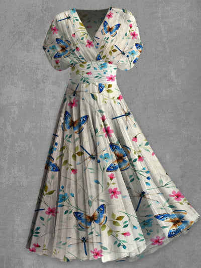 Butterfly Print Elegant V-Neck Chic Short Sleeve Maxi Dress