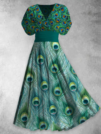 Peacock Feather Print Elegant V-Neck Chic Short Sleeve Maxi Dress