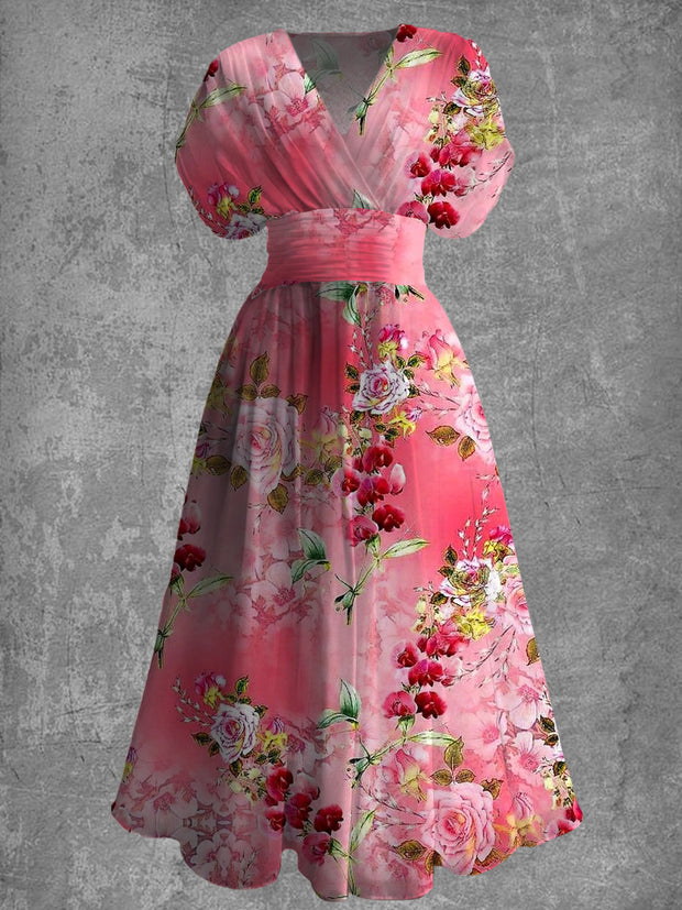 Floral Print Elegant V-Neck Chic Short Sleeve Retro Maxi Dress