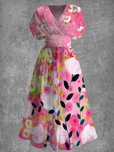Floral Print Elegant V-Neck Chic Short Sleeve Retro Maxi Dress
