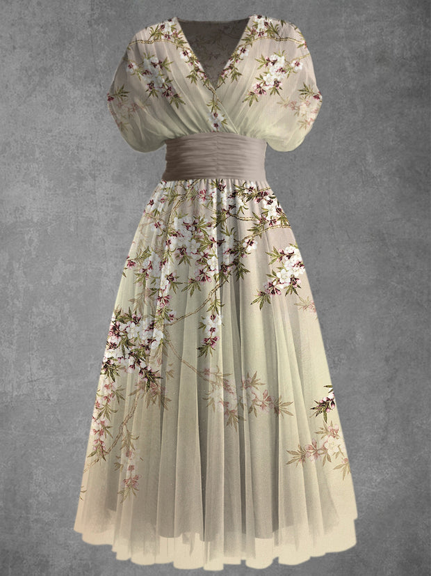 Retro Boho Floral Print Elegant V-Neck Chic Short Sleeve Maxi Dress