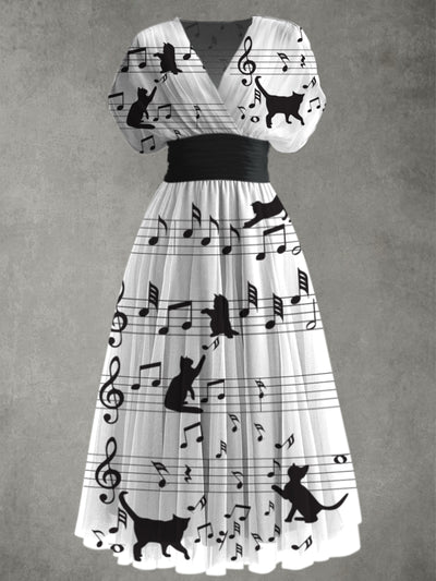 Music Art Print Elegant V-Neck Chic Short Sleeve Maxi Dress