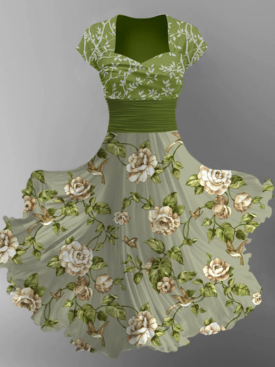 Vintage Floral Print Short Sleeve Midi Dress