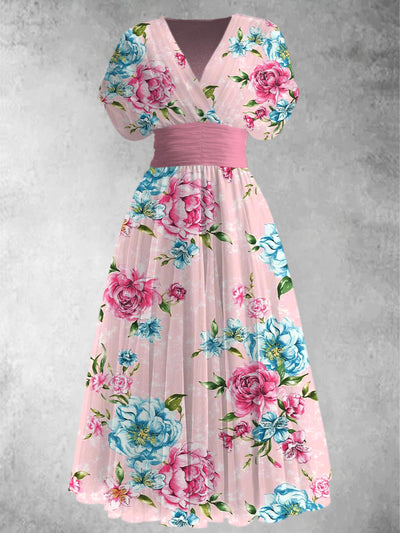 Retro Floral Print Elegant V-Neck Chic Short Sleeve Maxi Dress