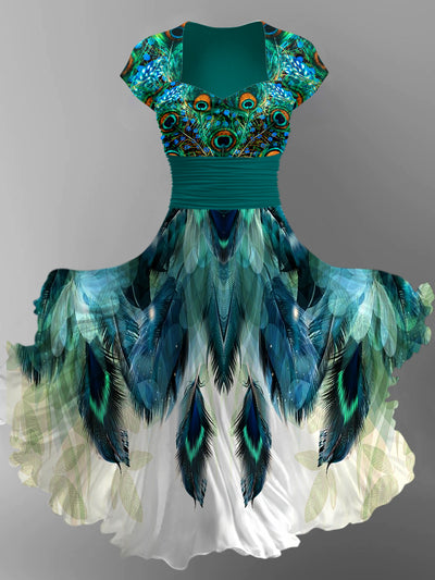 Peacock Feather Print Short Sleeve Midi Dress