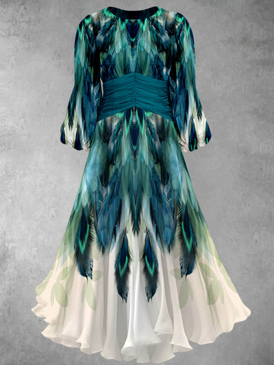 Retro Peacock Feather Print Elegant Chic Round Neck 3/4 Sleeve Midi Dress