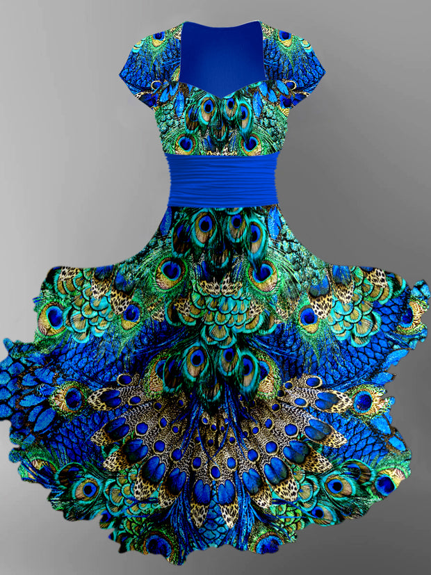 Peacock Feather Print Short Sleeve Midi Dress