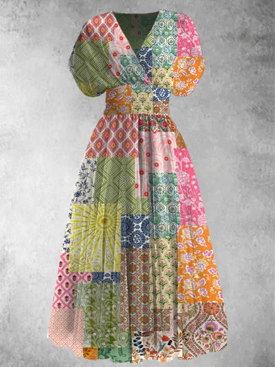 Boho Art Print Elegant V-Neck Chic Short Sleeve Retro Maxi Dress