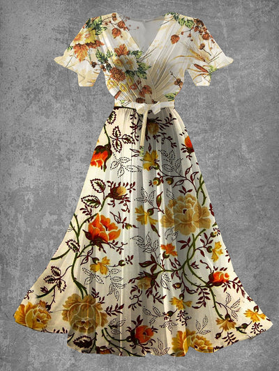 Vintage Floral Print Elegant V-Neck Chic Short Sleeve Maxi Dress